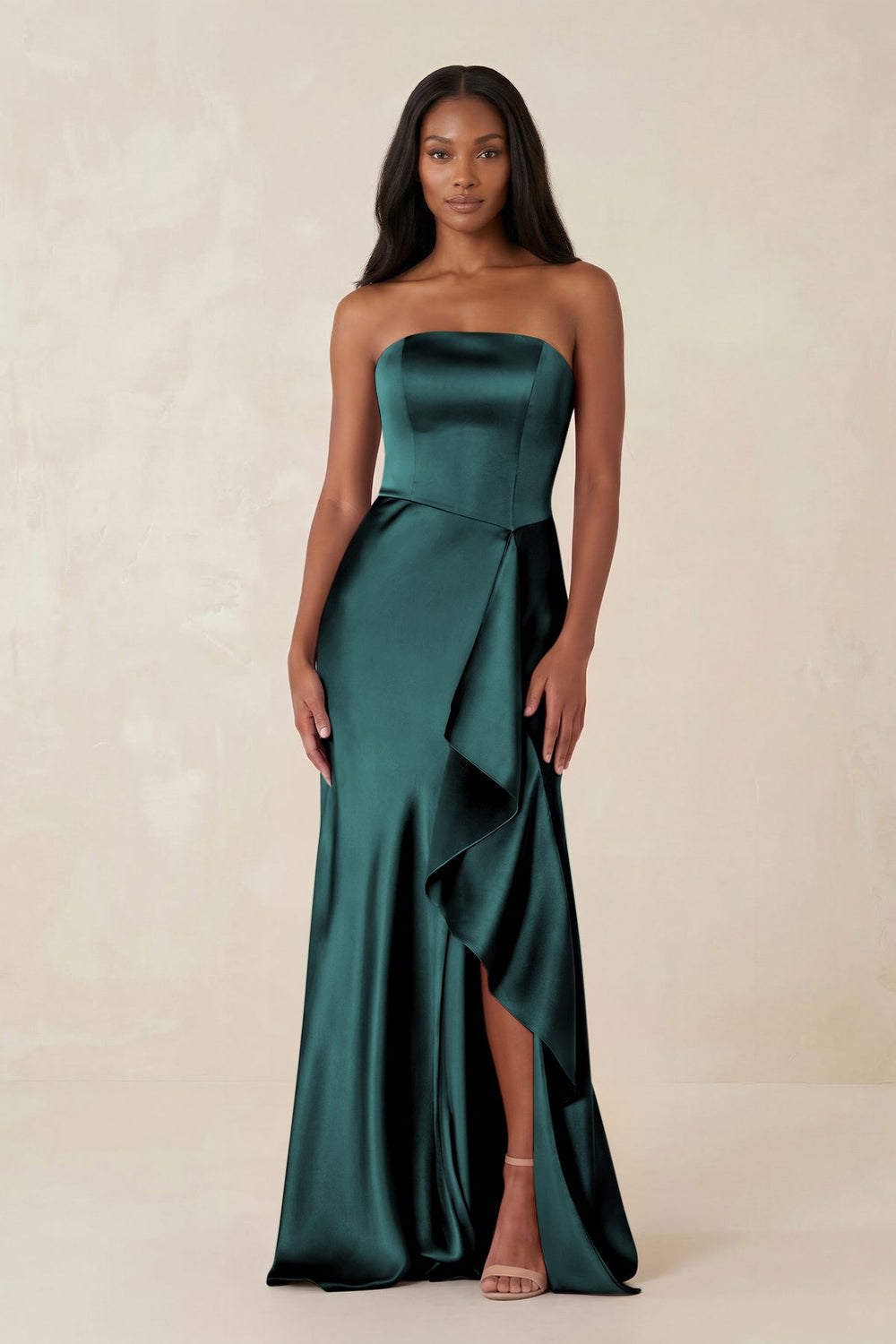 Sheath Strapless Ruffled Satin Bridesmaid Dress in Pine