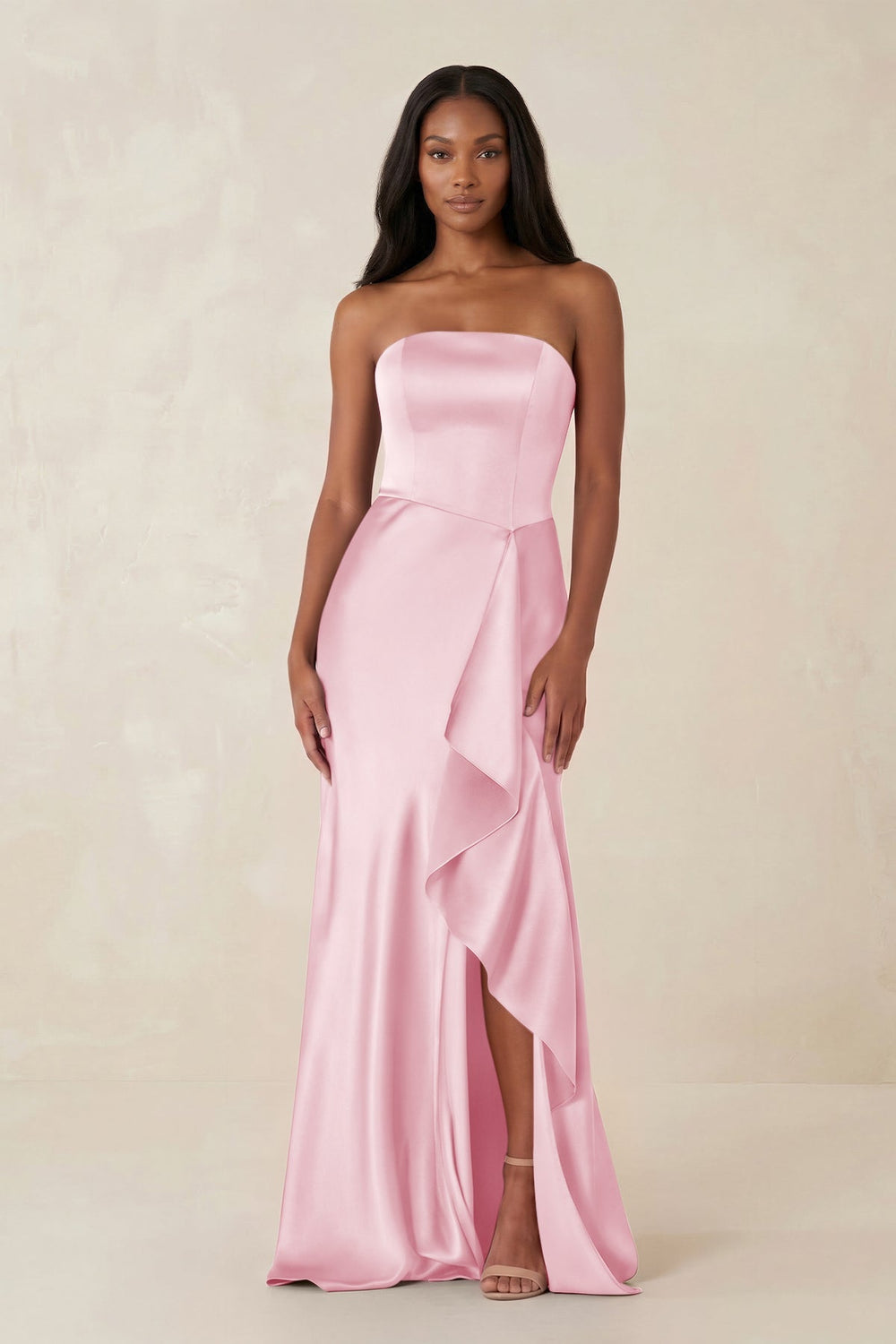 Sheath Strapless Ruffled Satin Bridesmaid Dress in PInk