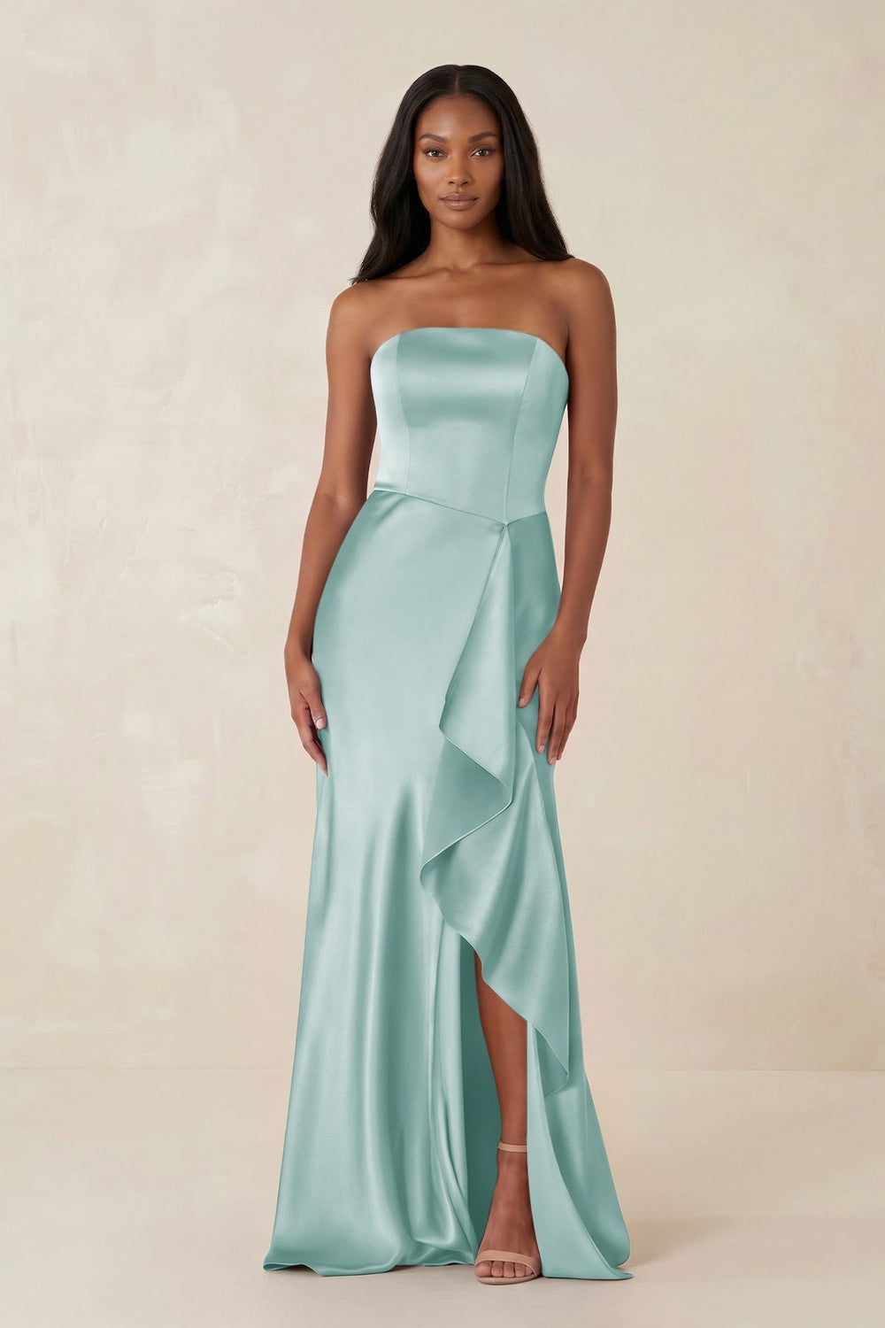 Sheath Strapless Ruffled Satin Bridesmaid Dress in Sage