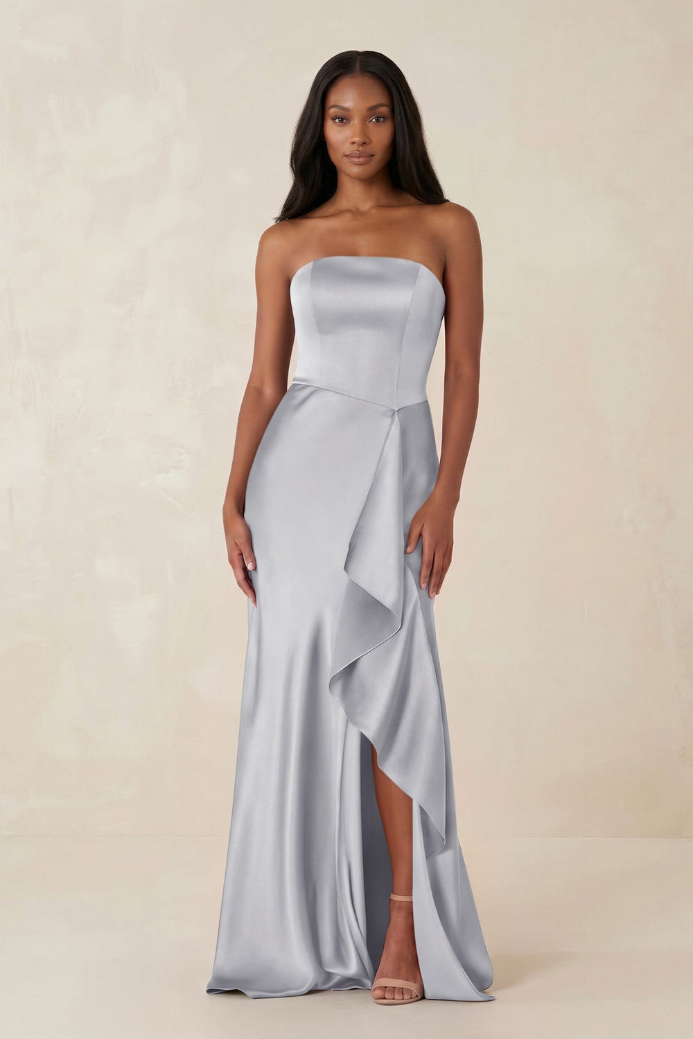 Sheath Strapless Ruffled Satin Bridesmaid Dress in Silver