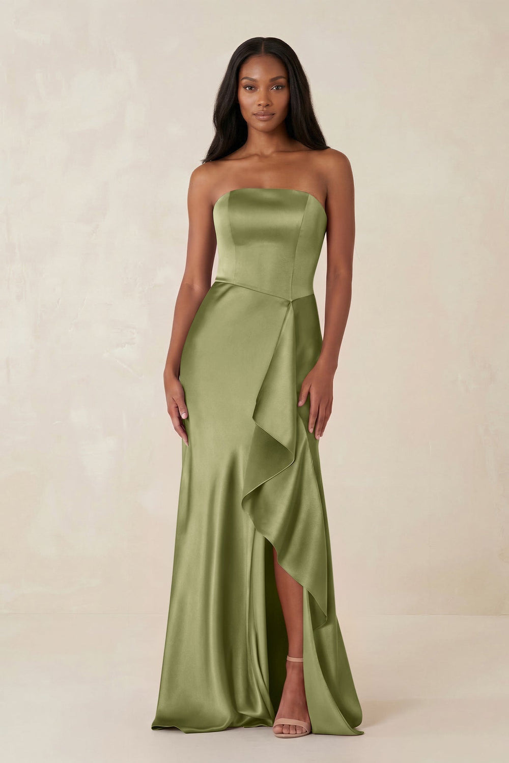 Sheath Strapless Ruffled Satin Bridesmaid Dress in Thyme