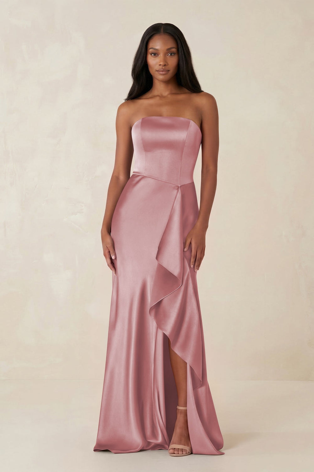 Sheath Strapless Ruffled Satin Bridesmaid Dress in Toffee