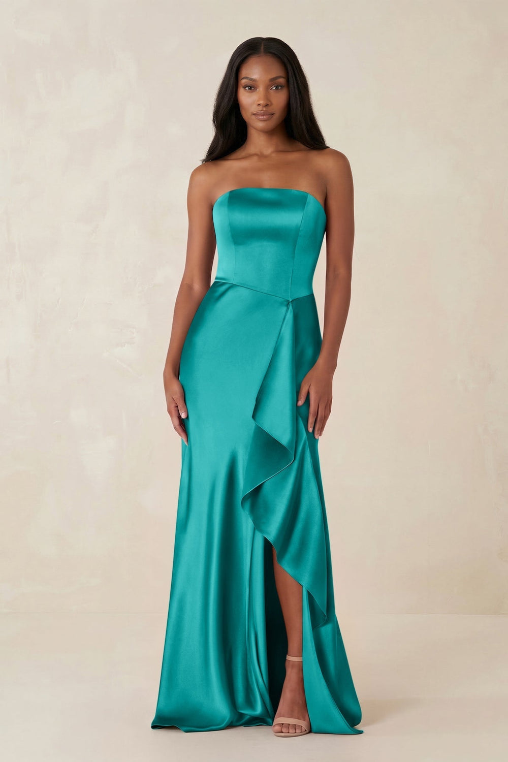 Sheath Strapless Ruffled Satin Bridesmaid Dress in Turquoise