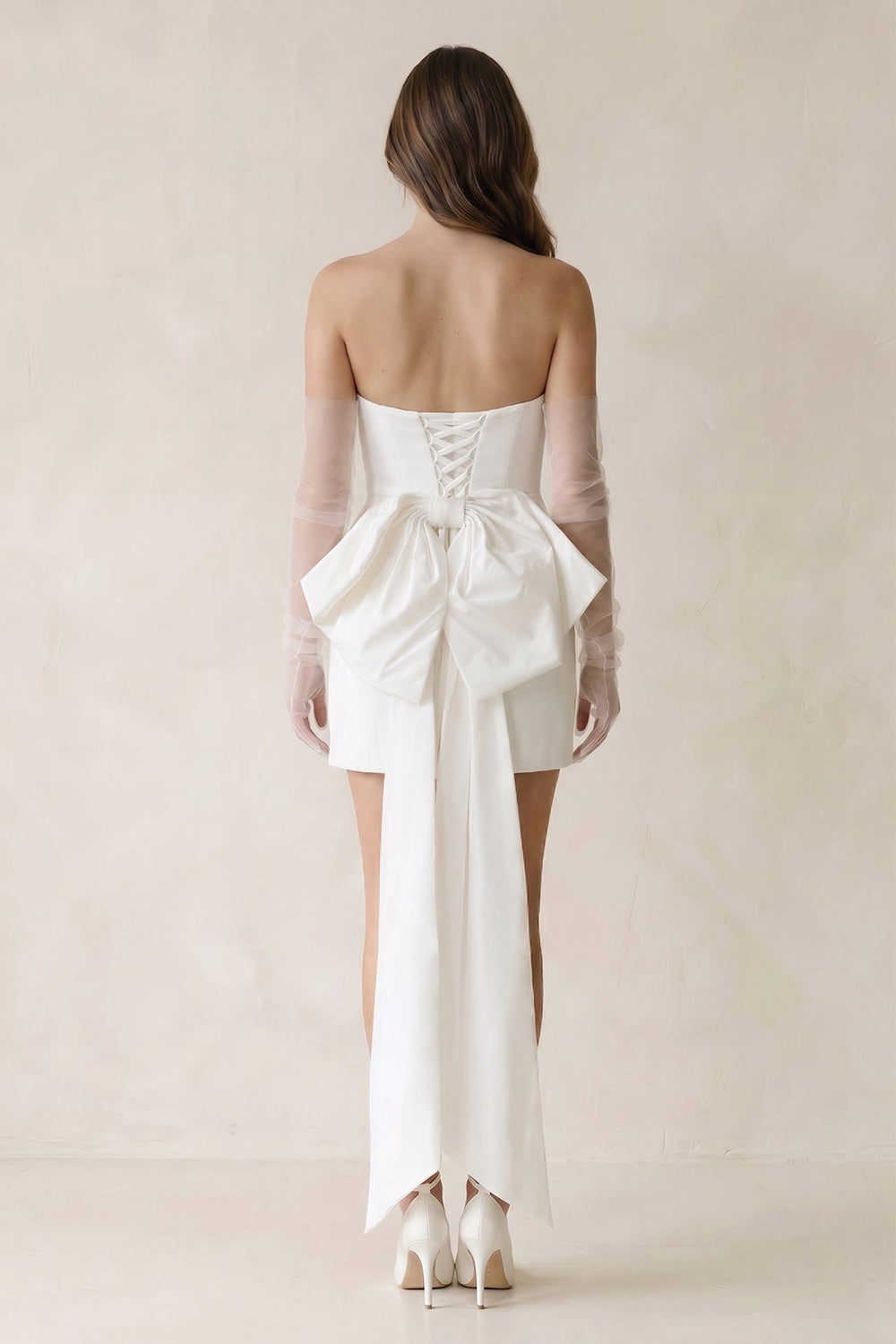 Sheath Strapless Satin Detachable Sleeves Mini Wedding Dress With Bow in White