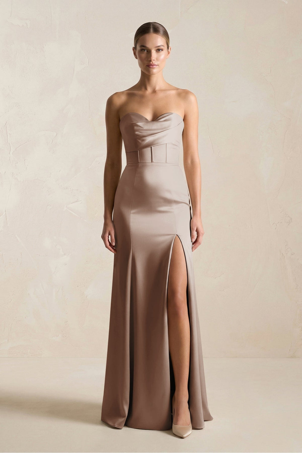 Sheath Sweetheart Corset Satin Bridesmaid Dress in Almond