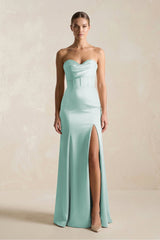 Sheath Sweetheart Corset Satin Bridesmaid Dress in Bleached Aqua - KISS BRIDAL Bridesmaid Dresses