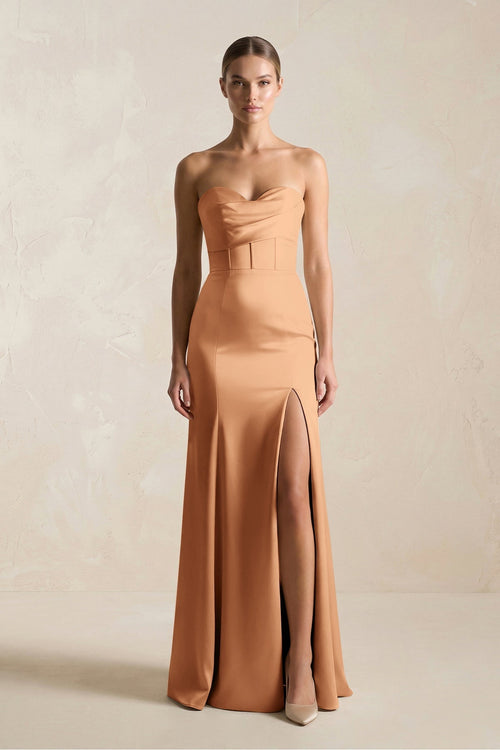 Sheath Sweetheart Corset Satin Bridesmaid Dress in Bronzer - KISS BRIDAL Bridesmaid Dresses