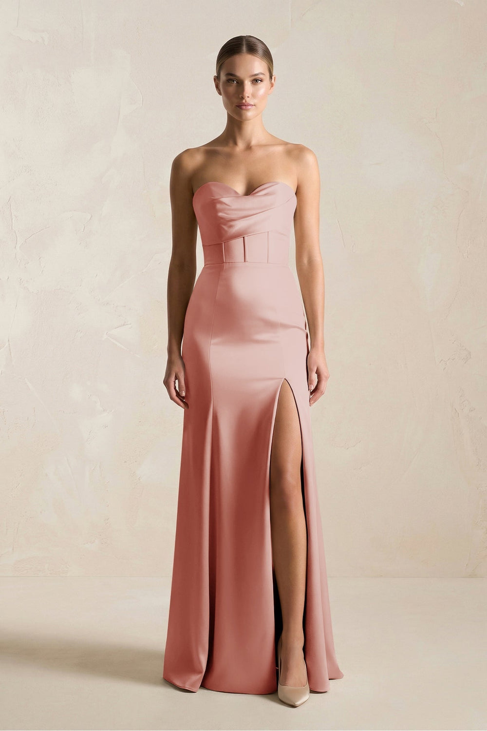 Sheath Sweetheart Corset Satin Bridesmaid Dress in Champagne Rose
