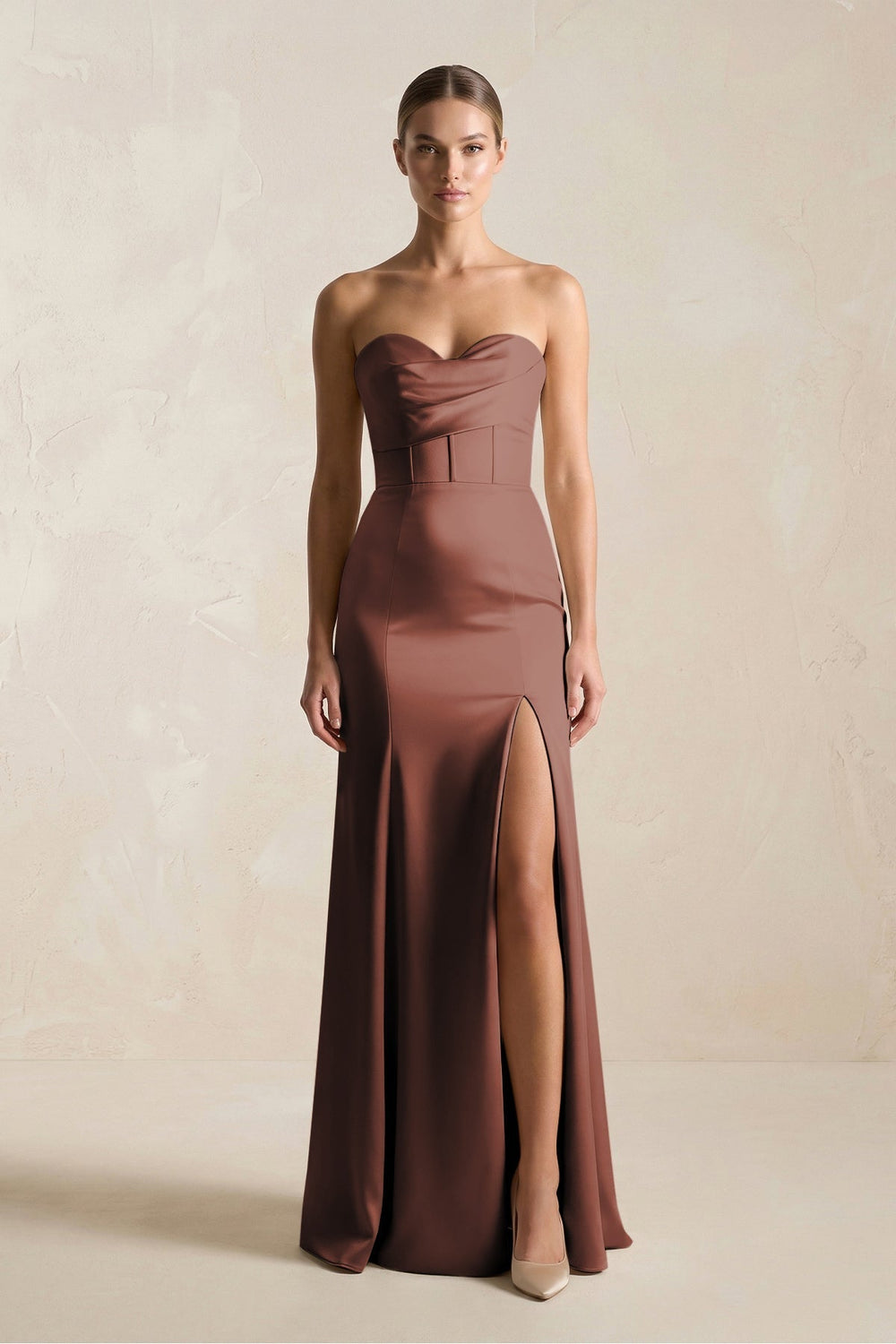Sheath Sweetheart Corset Satin Bridesmaid Dress in Espresso