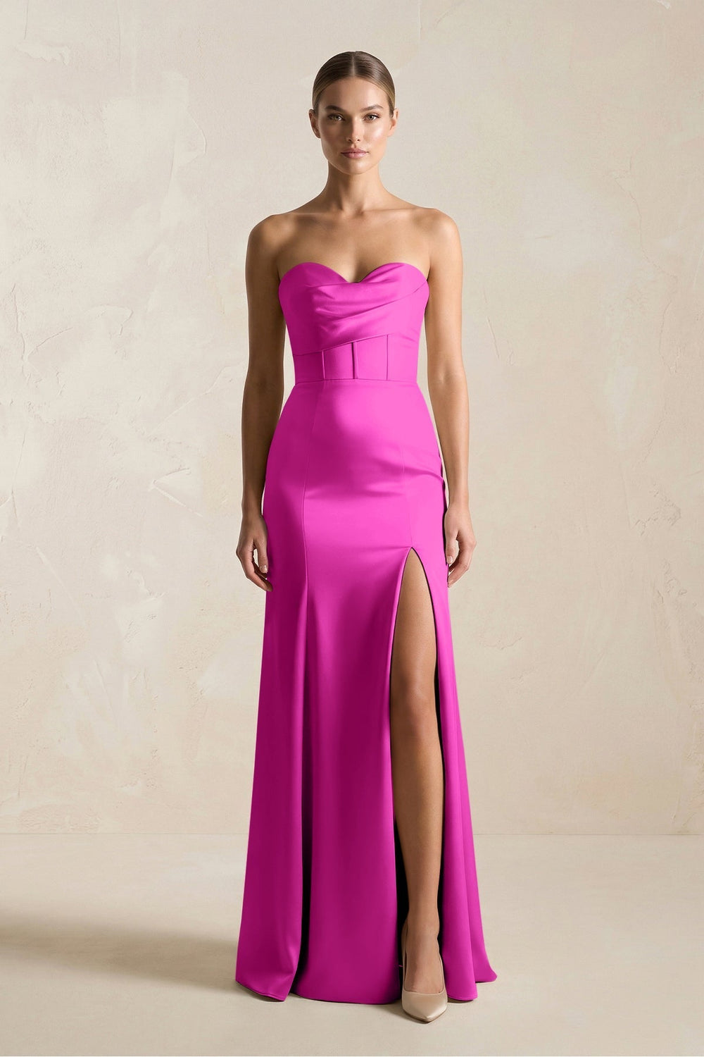Sheath Sweetheart Corset Satin Bridesmaid Dress in Fuchsia
