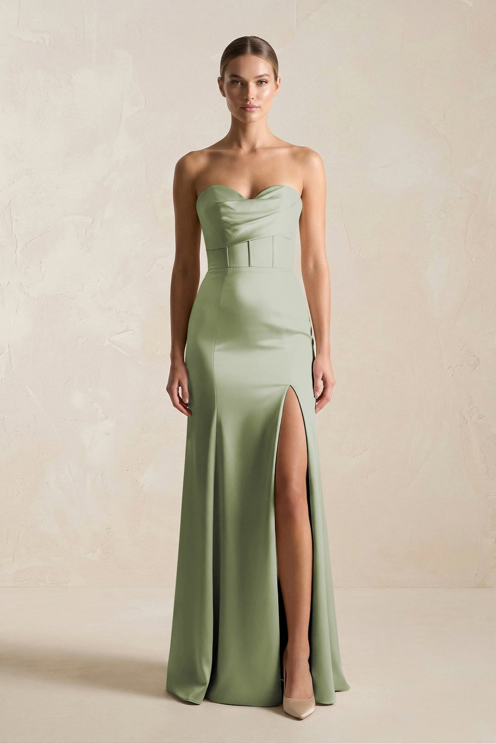 Sheath Sweetheart Corset Satin Bridesmaid Dress in Matcha