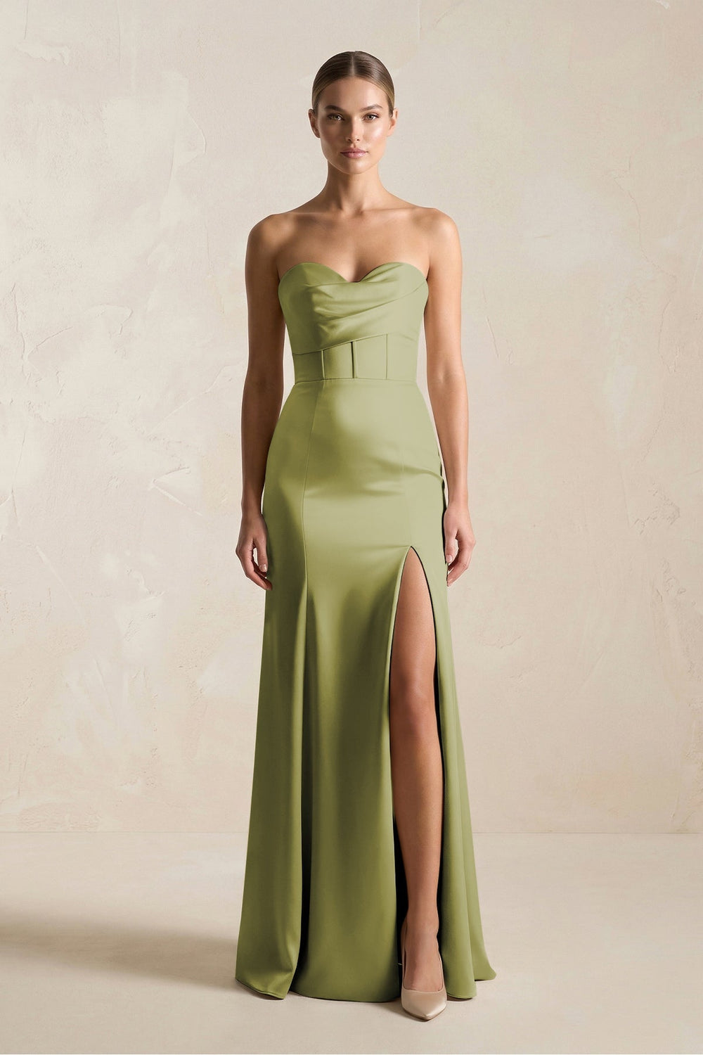 Sheath Sweetheart Corset Satin Bridesmaid Dress in Moss Green