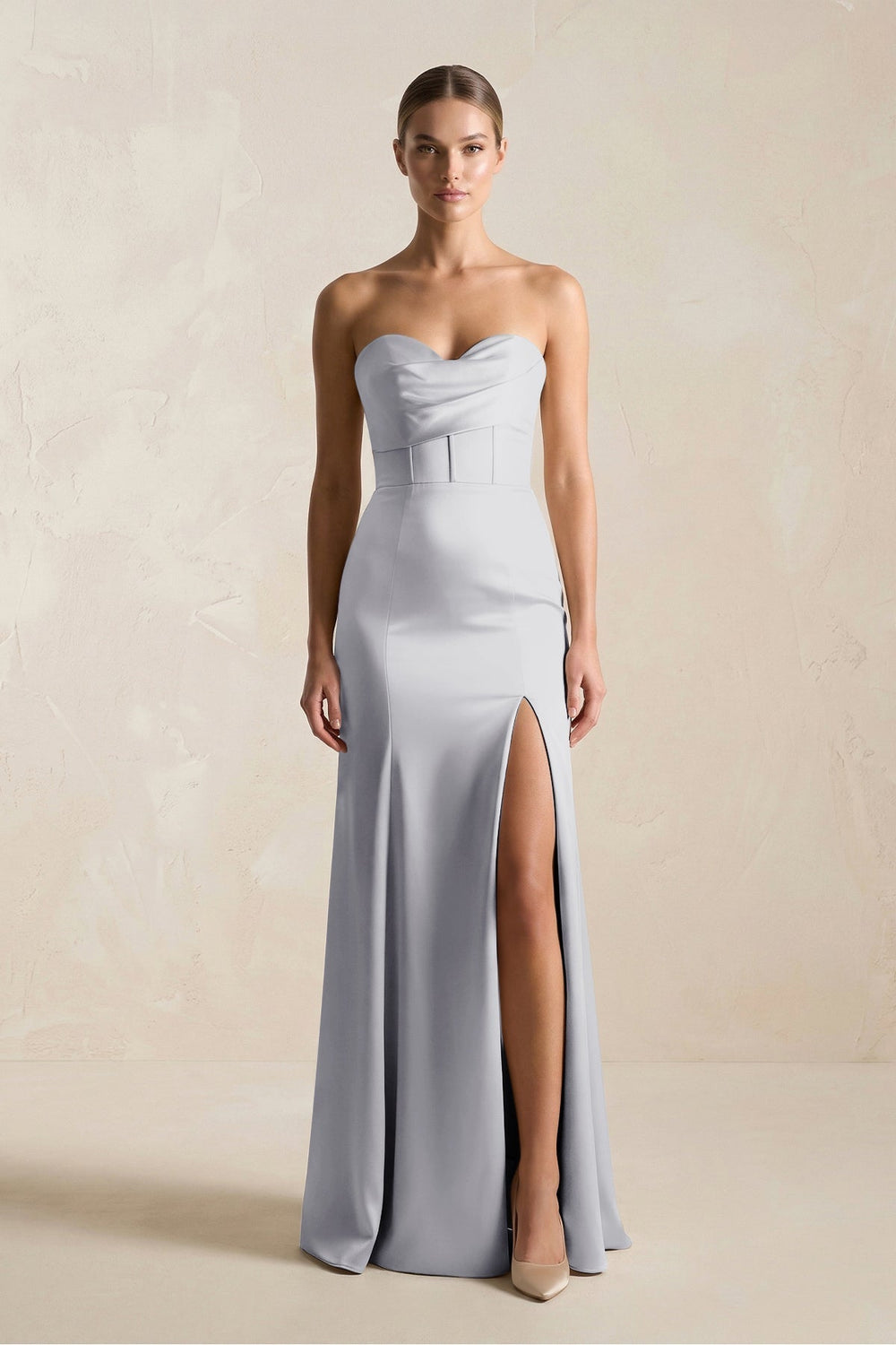 Sheath Sweetheart Corset Satin Bridesmaid Dress in Silver