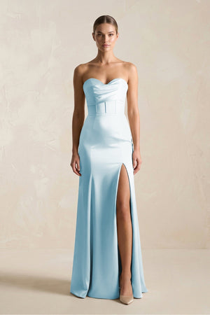 Sheath Sweetheart Corset Satin Bridesmaid Dress in Sky Blue - KISS BRIDAL Bridesmaid Dresses