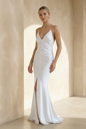 Sheath V - Neck Sleeveless Maxi Wedding Dresses in White - KISS BRIDAL Wedding Dresses