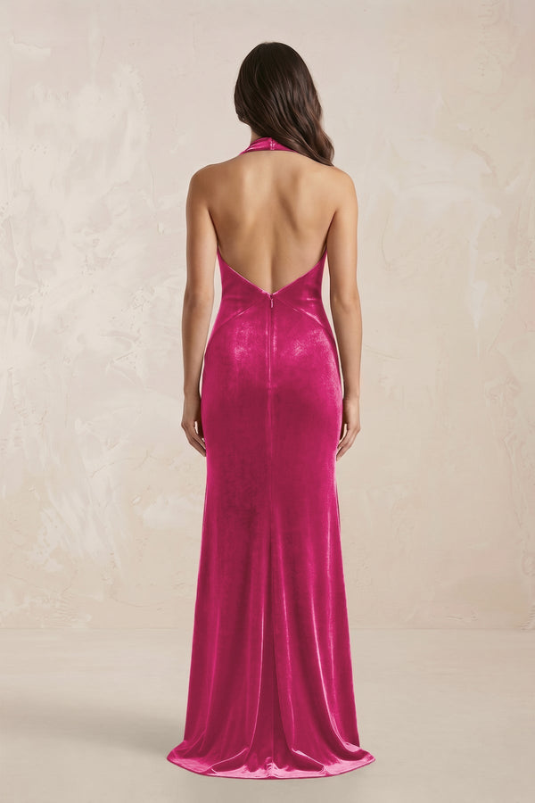 Sheath Velvet V - Neck Bridesmaid Dress in Bon Bon Pink - KISS BRIDAL Bridesmaid Dresses