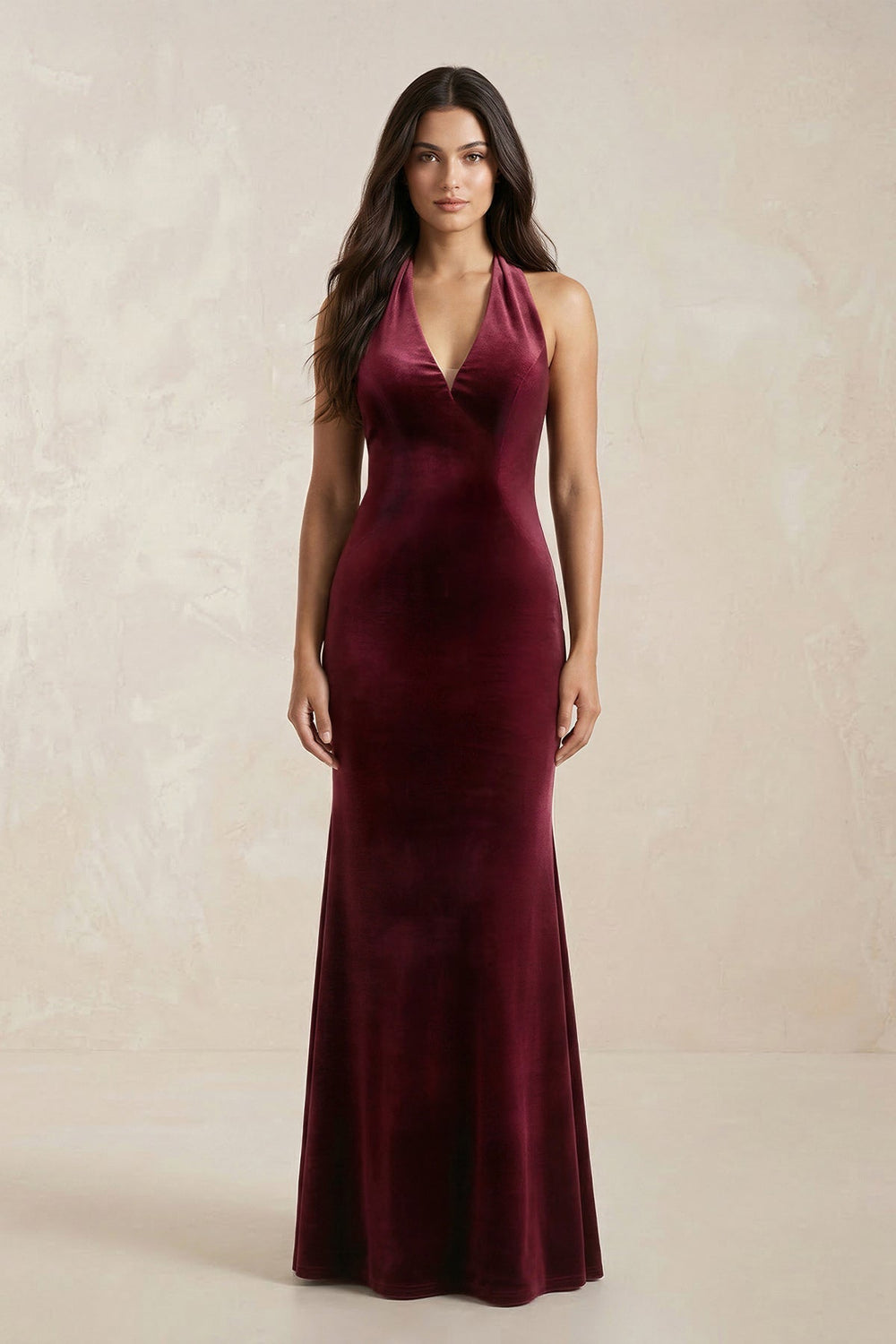 Sheath Velvet V-Neck Bridesmaid Dress in Burgundy