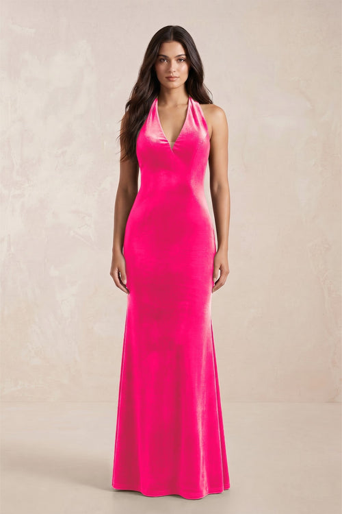 Sheath Velvet V - Neck Bridesmaid Dress in Candy Pink - KISS BRIDAL Bridesmaid Dresses