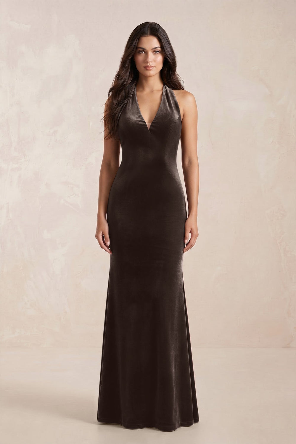 Sheath Velvet V-Neck Bridesmaid Dress in Chocolate