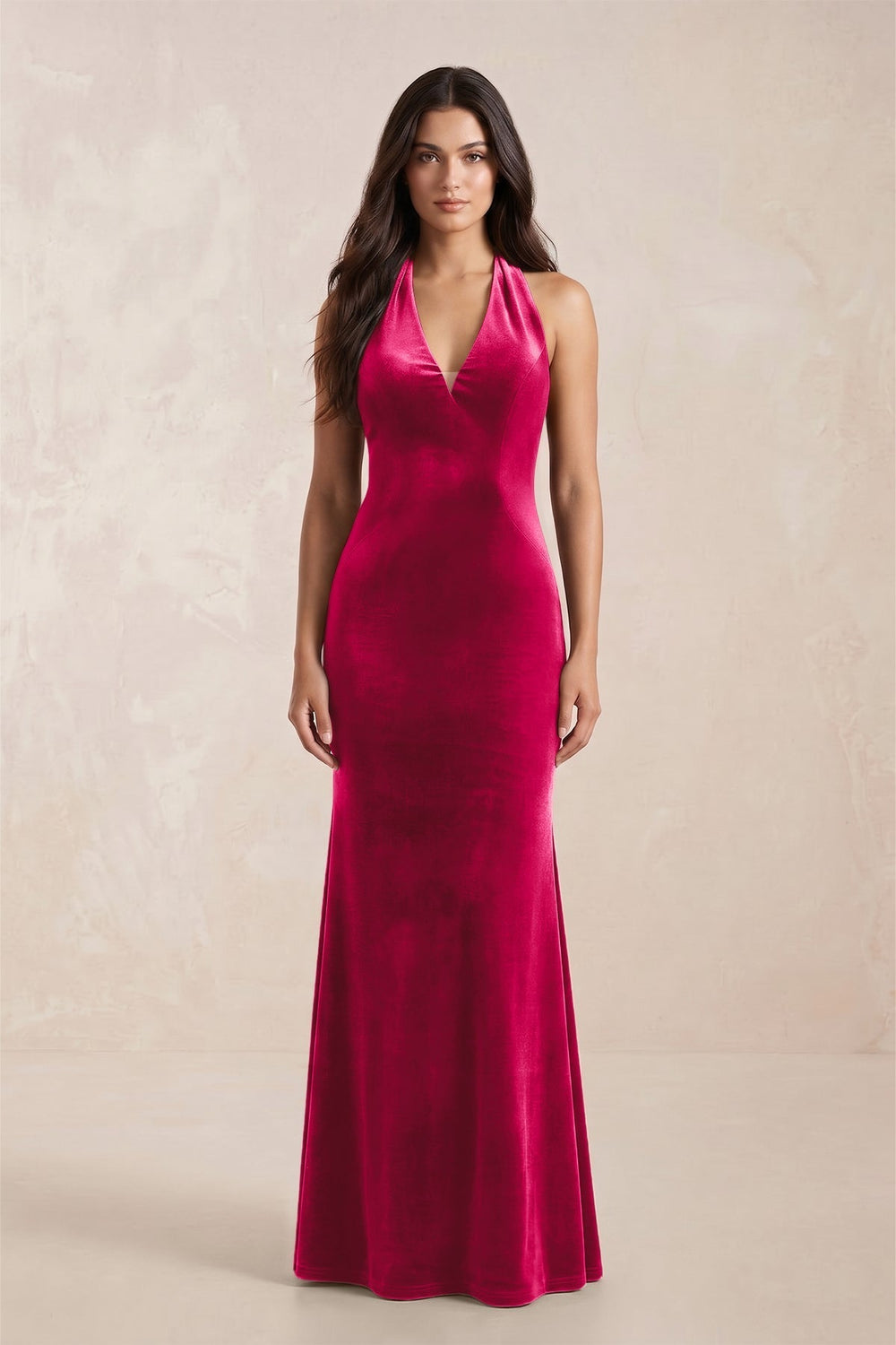 Sheath Velvet V-Neck Bridesmaid Dress in Fuchsia