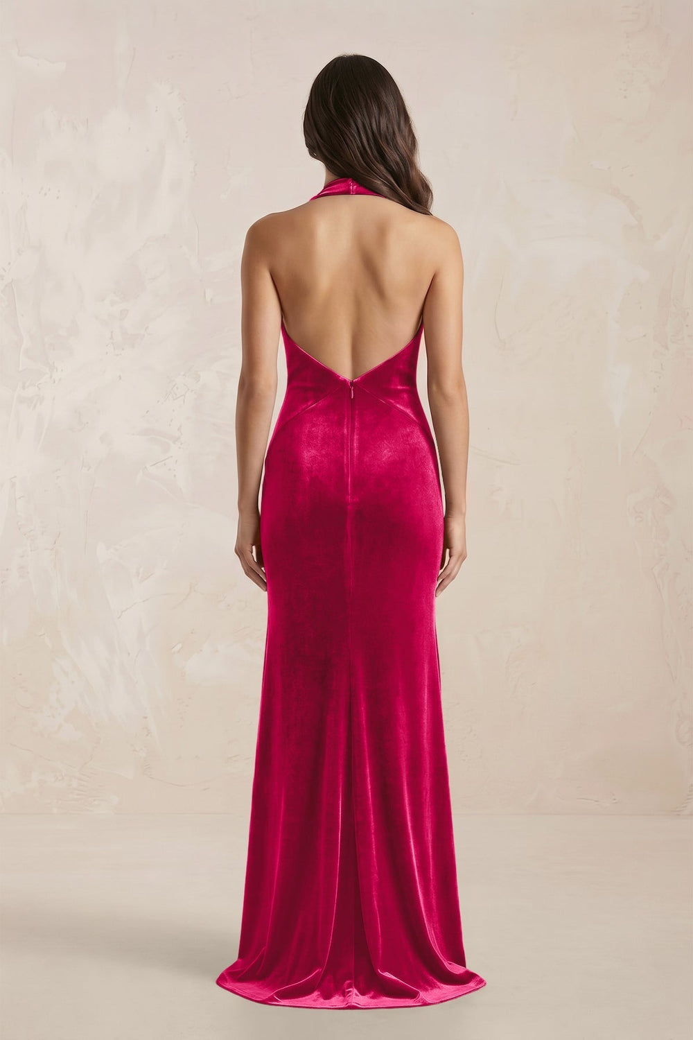 Sheath Velvet V-Neck Bridesmaid Dress in Fuchsia