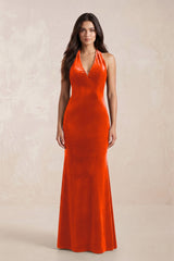 Sheath Velvet V - Neck Bridesmaid Dress in Orange - KISS BRIDAL Bridesmaid Dresses
