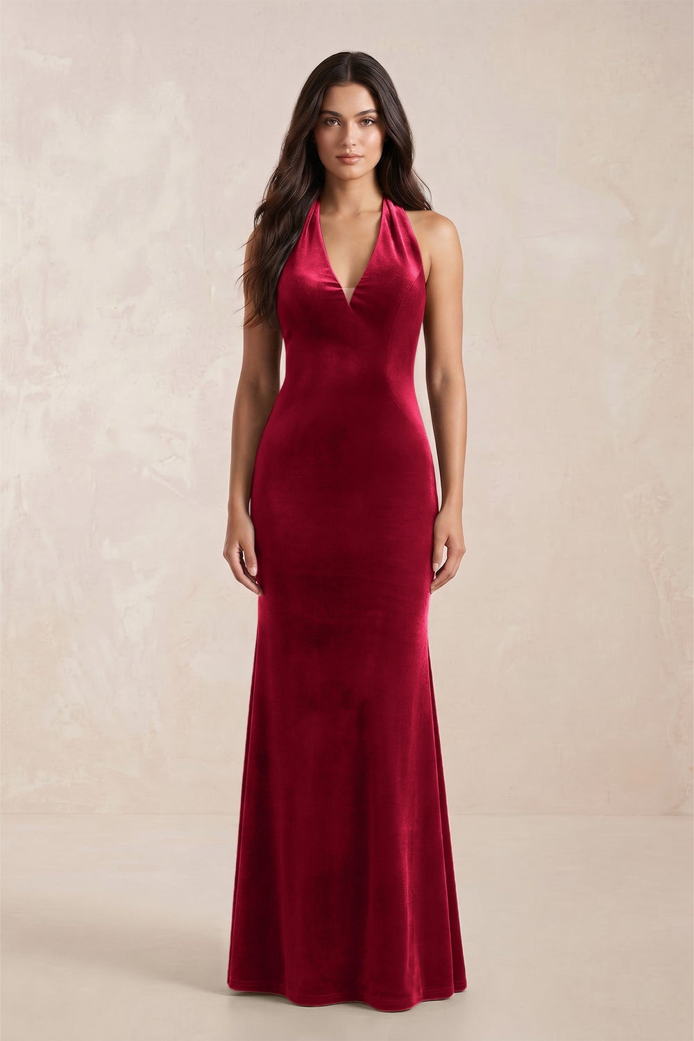 Sheath Velvet V-Neck Bridesmaid Dress in Ruby Red