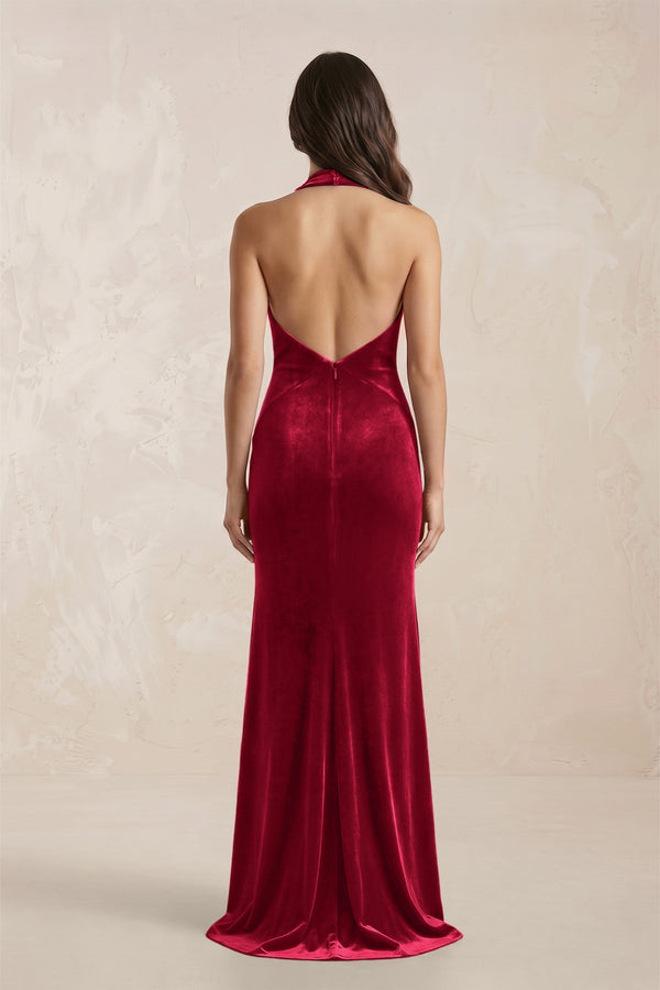 Sheath Velvet V - Neck Bridesmaid Dress in Ruby Red - KISS BRIDAL Bridesmaid Dresses