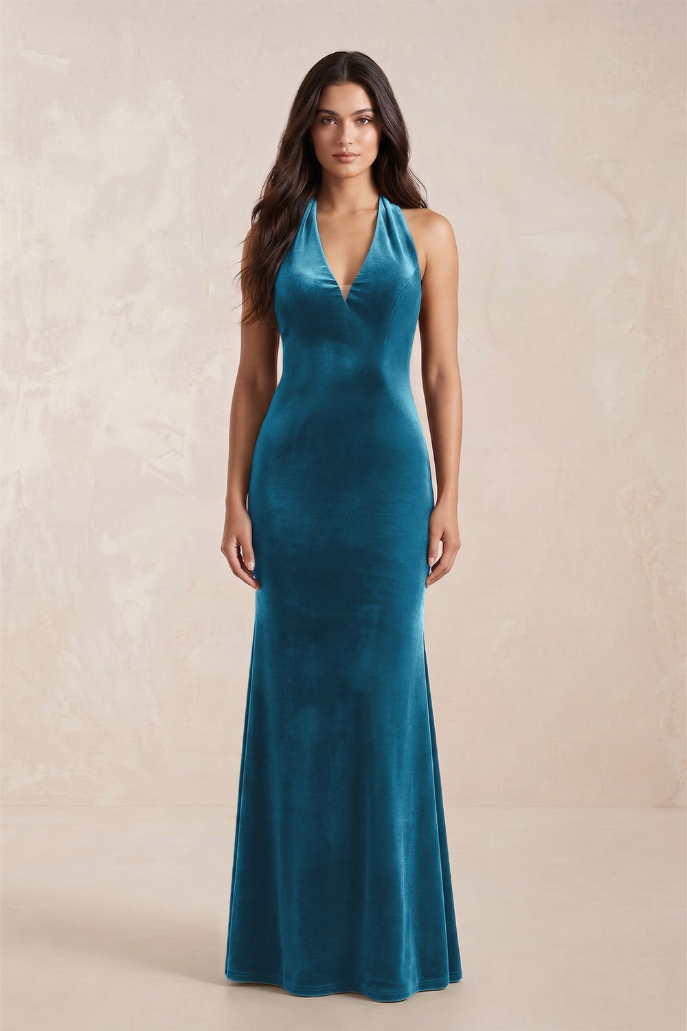Sheath Velvet V-Neck Bridesmaid Dress in Steel Blue