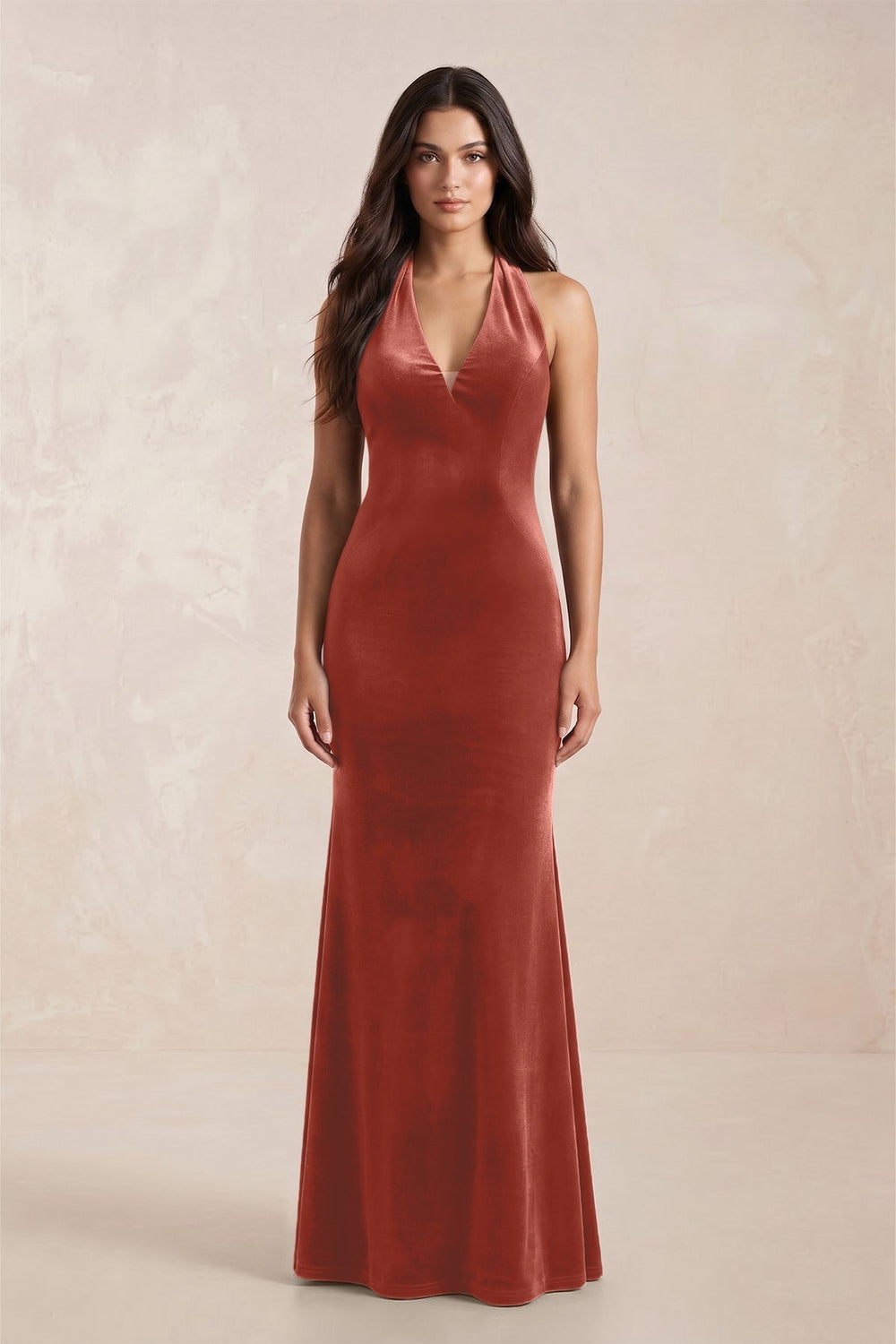 Sheath Velvet V-Neck Bridesmaid Dress in Terracotta