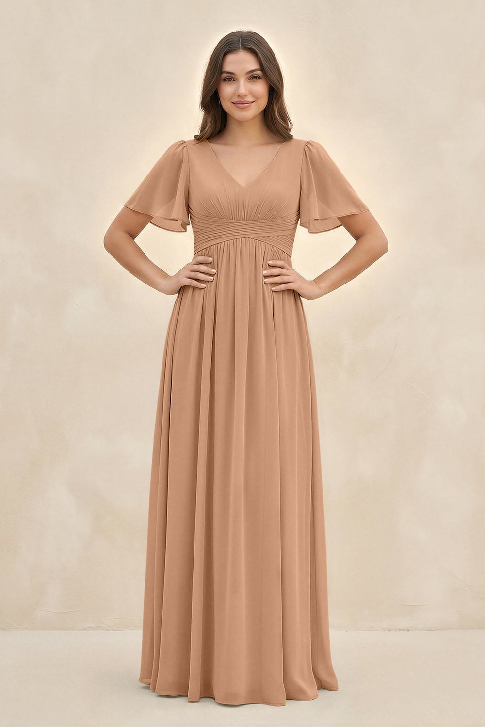Short Sleeve Chiffon V-Neck A-Line Bridesmaid Dress in Bronzer