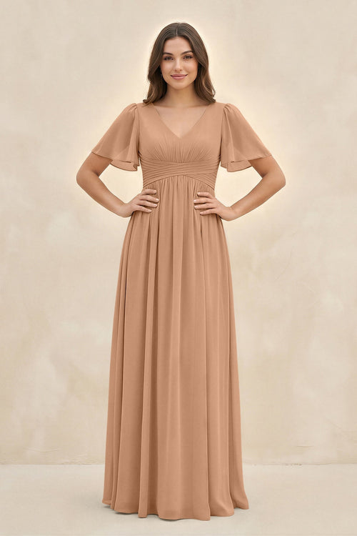 Short Sleeve Chiffon V - Neck A - Line Bridesmaid Dress in Bronzer - KISS BRIDAL Bridesmaid Dresses
