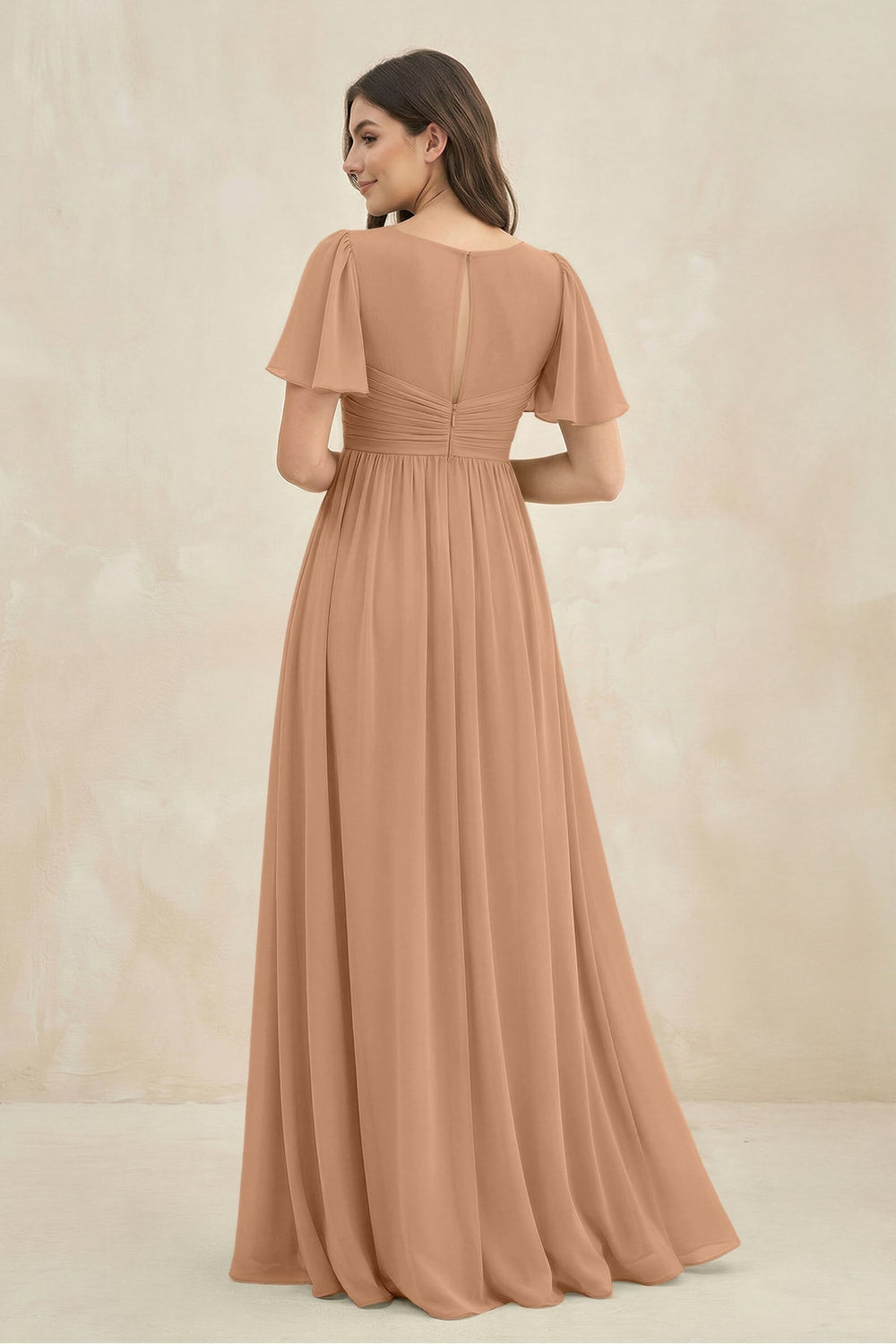 Short Sleeve Chiffon V-Neck A-Line Bridesmaid Dress in Bronzer