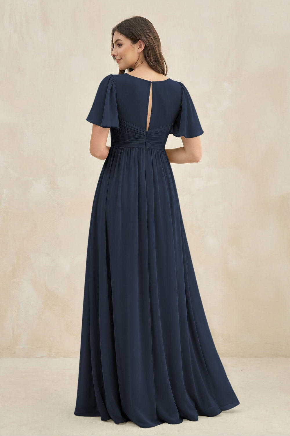 Short Sleeve Chiffon V-Neck A-Line Bridesmaid Dress in Dark Navy