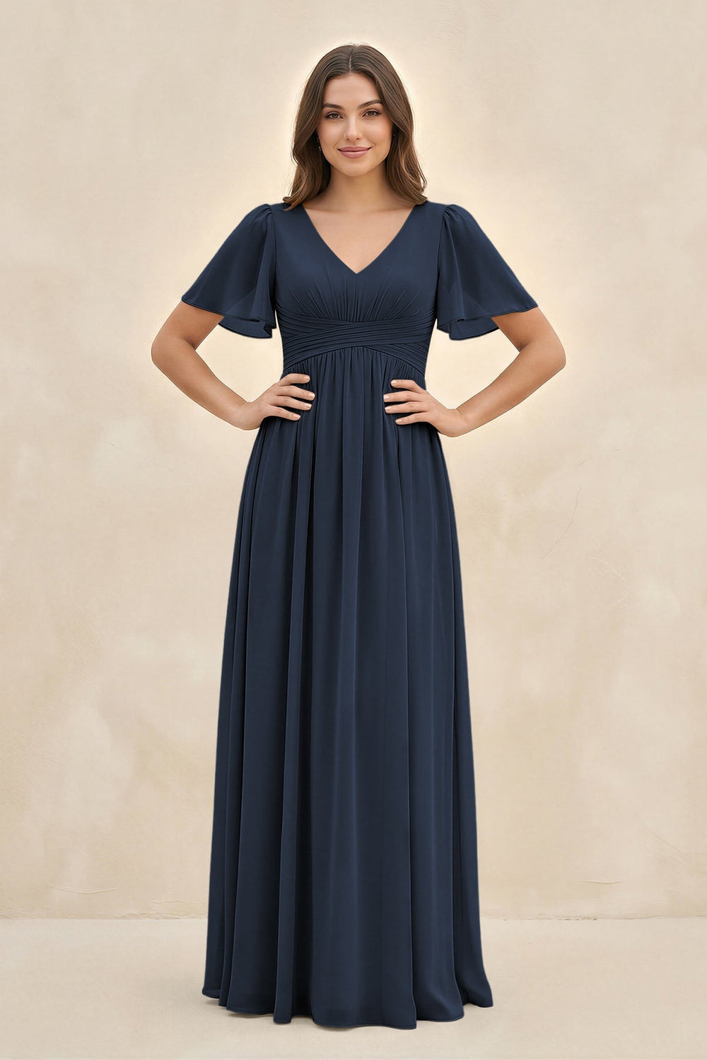 Short Sleeve Chiffon V-Neck A-Line Bridesmaid Dress in Dark Navy