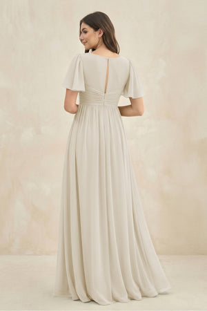 Short Sleeve Chiffon V - Neck A - Line Bridesmaid Dress in Dove Gray - KISS BRIDAL Bridesmaid Dresses