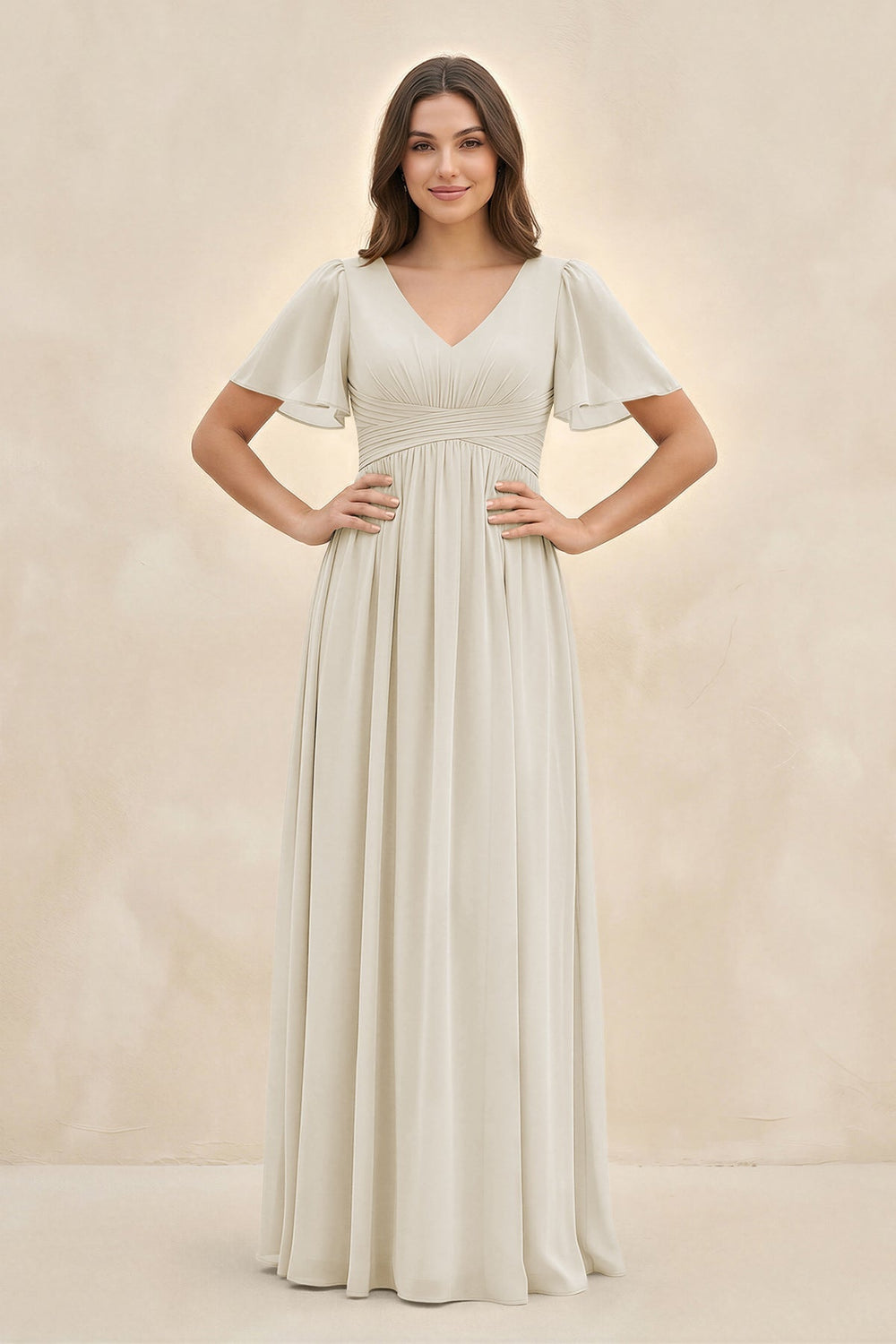 Short Sleeve Chiffon V-Neck A-Line Bridesmaid Dress in Dove Gray