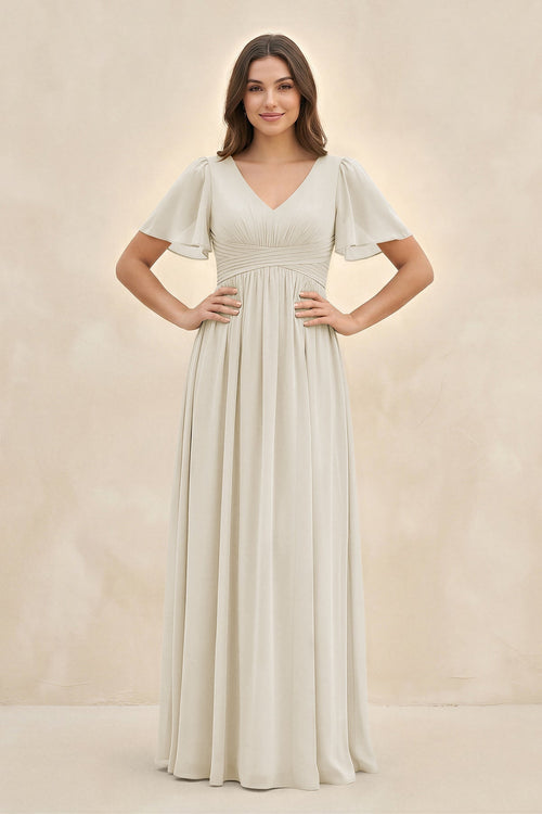 Short Sleeve Chiffon V - Neck A - Line Bridesmaid Dress in Dove Gray - KISS BRIDAL Bridesmaid Dresses