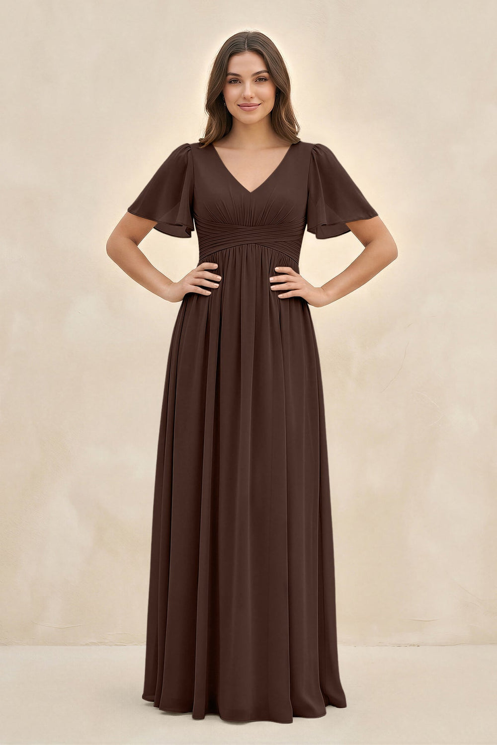 Short Sleeve Chiffon V-Neck A-Line Bridesmaid Dress in Espresso