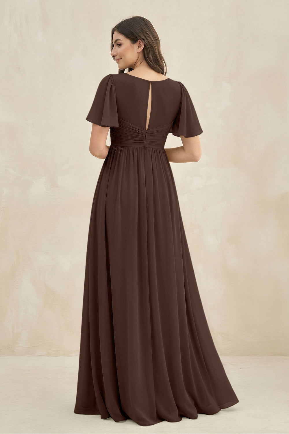 Short Sleeve Chiffon V-Neck A-Line Bridesmaid Dress in Espresso