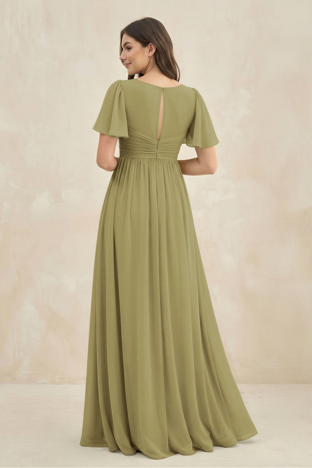 Short Sleeve Chiffon V-Neck A-Line Bridesmaid Dress in Moss Green