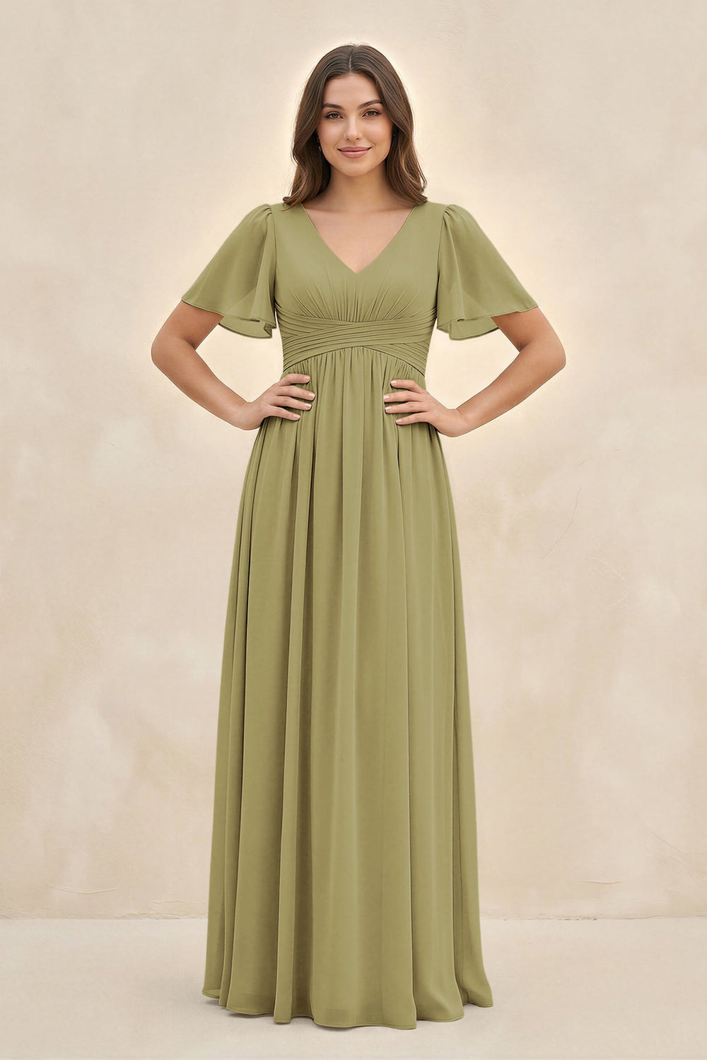 Short Sleeve Chiffon V-Neck A-Line Bridesmaid Dress in Moss Green