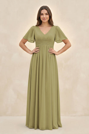 Short Sleeve Chiffon V-Neck A-Line Bridesmaid Dress in Moss Green | KISSBRIDAL