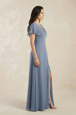 Short Sleeve Chiffon V - Neck A - Line Bridesmaid Dress in Neptune - KISS BRIDAL Bridesmaid Dresses