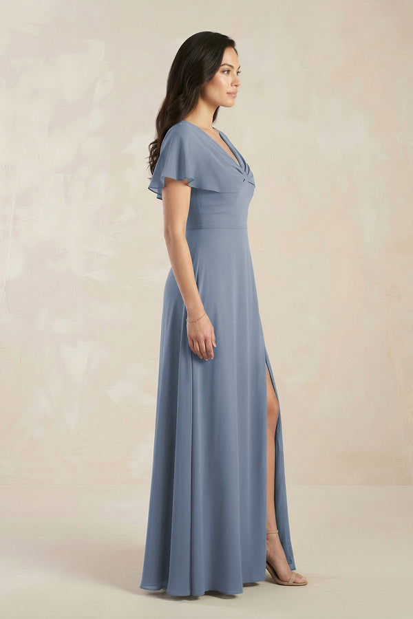 Short Sleeve Chiffon V - Neck A - Line Bridesmaid Dress in Neptune - KISS BRIDAL Bridesmaid Dresses