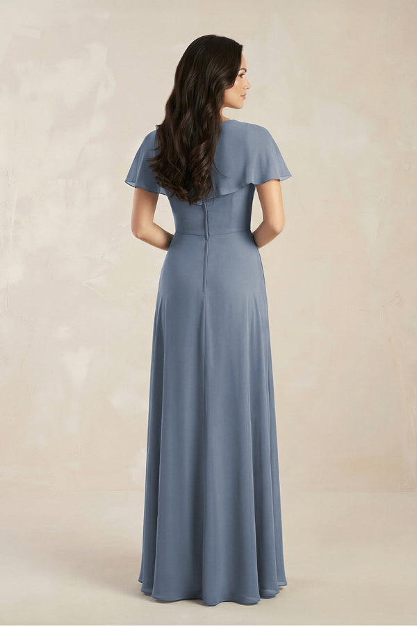 Short Sleeve Chiffon V - Neck A - Line Bridesmaid Dress in Neptune - KISS BRIDAL Bridesmaid Dresses