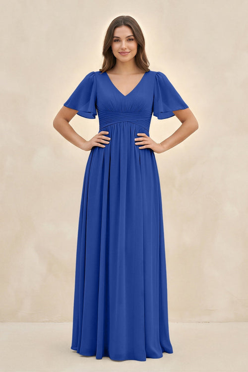 Short Sleeve Chiffon V - Neck A - Line Bridesmaid Dress in Royal Blue - KISS BRIDAL Bridesmaid Dresses