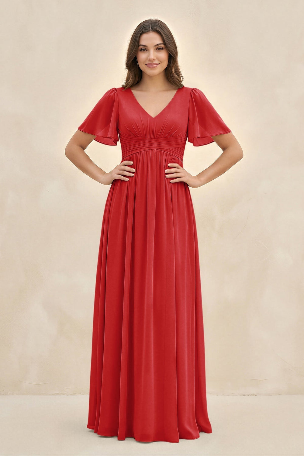 Short Sleeve Chiffon V-Neck A-Line Bridesmaid Dress in Ruby Red