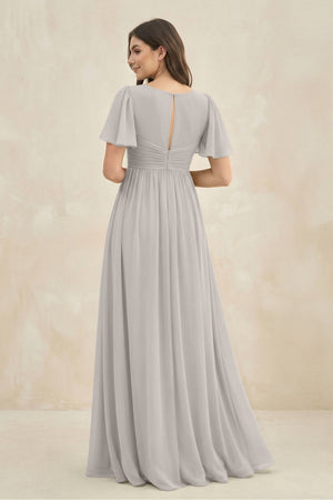 Short Sleeve Chiffon V - Neck A - Line Bridesmaid Dress in Silver - KISS BRIDAL Bridesmaid Dresses
