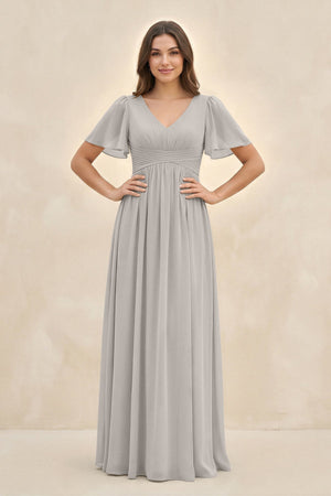 Short Sleeve Chiffon V - Neck A - Line Bridesmaid Dress in Silver - KISS BRIDAL Bridesmaid Dresses